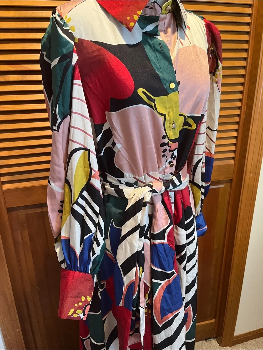 NWT Abstract Floral Multicolor Maxi Shirt Dress with Belt - Picture 9 of 10